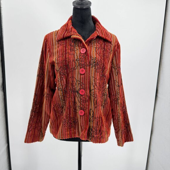 Coldwater Creek Striped Corduroy Embroidered Beaded Jacket Forest Fairy Size PM - Picture 3 of 6